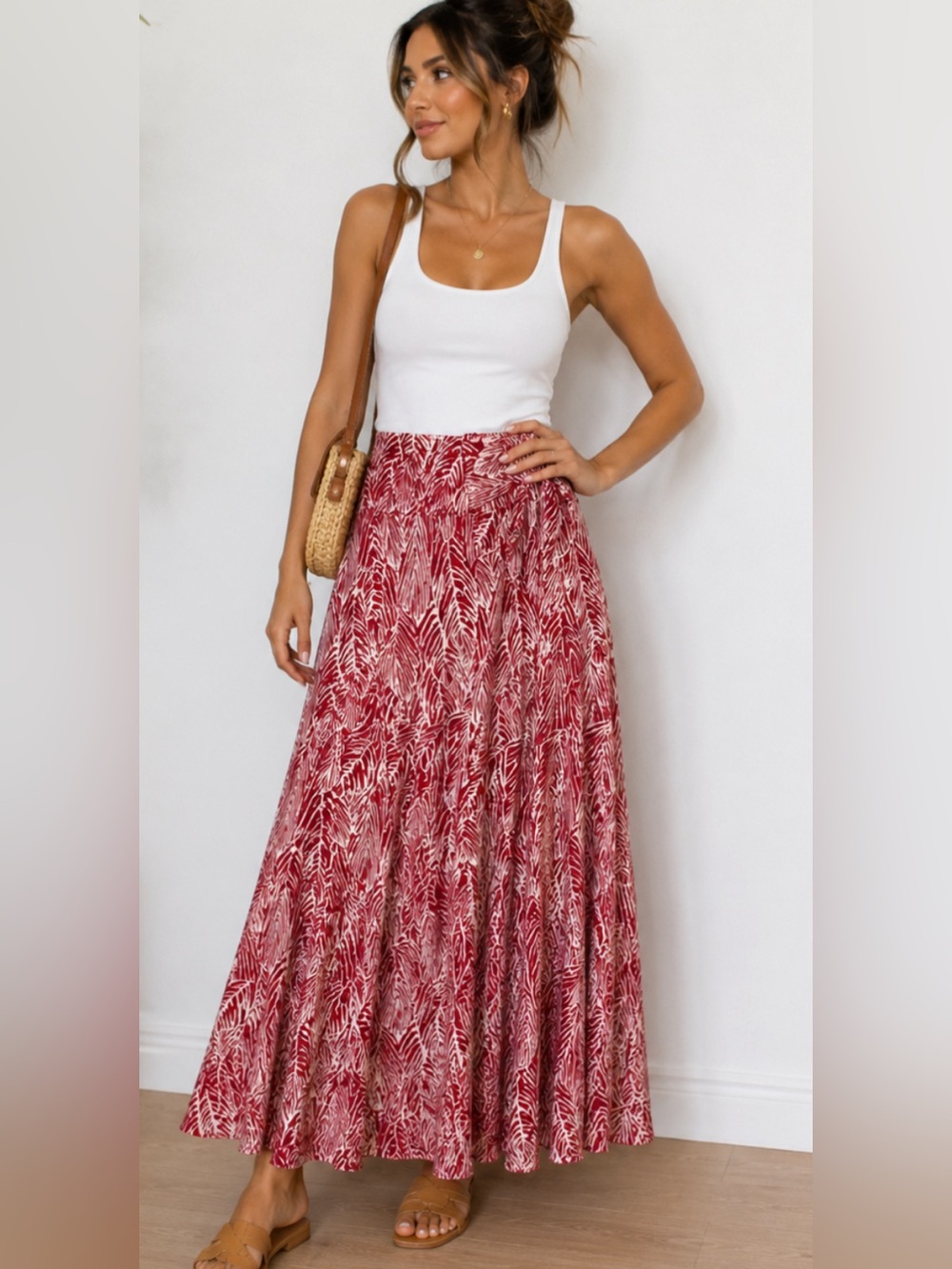 Lapis Stretch Red & White Stretch Bodycon Maxi Skirt Boho Festival Summer Fairy - Picture 1 of 5